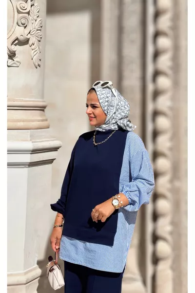 طقم نسائي محتشم خط، طقم مزدوج، قميص كحلي