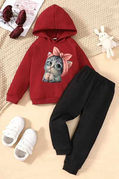 Children's Cute Cat Tracksuit Red Sweatshirt Black Sweatpants