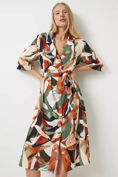 فستان قميص نسائي صيفي من الفيسكوز بنقشة الطوب باللون الزيتوني 