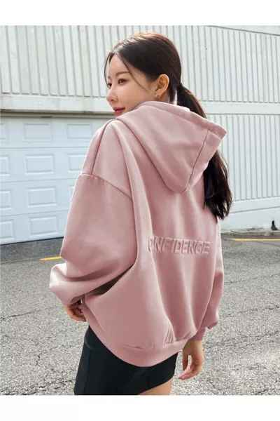 سويتشيرت بقبة بغطاء رأس نسائي بطباعة ثقة بلون أرجواني فاتح بثلاث خيوط