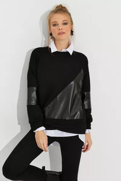 سويت شيرت نسائي من الجلد الأسود بكتل 