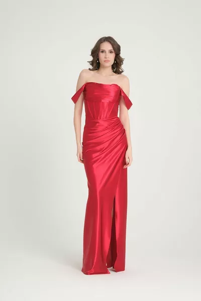 Kadın SATEN DÜŞÜK OMUZLU DEĞAJE YAKALI STRAPTES UZUN YIRTMAÇLI ABİYE ELBİSE