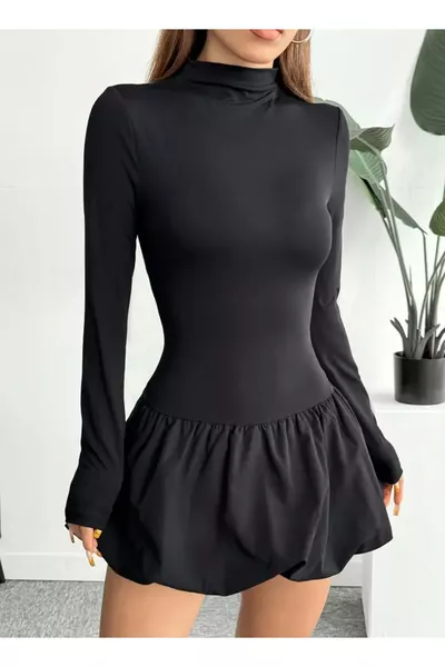 فستان نسائي بياقة عالية وتنورة منفوشة قصيرة، موسم الربيع والخريف والشتاء