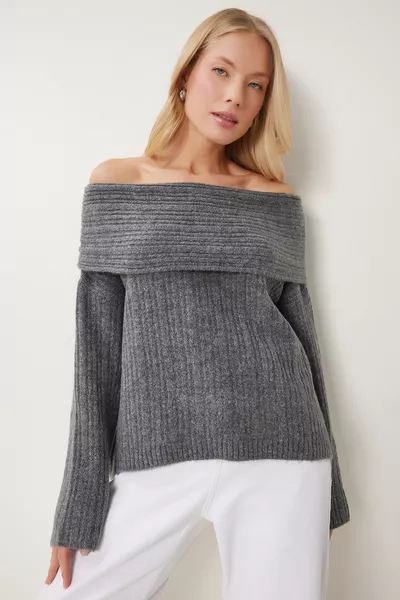 Women's Anthracite Madonna Neck Knit Sweater 