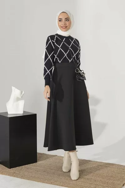 Women's Puff Scuba Modest Black Flared Skirt