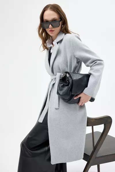 معطف طويل من الصوف بقفل من الخصر، رمادي