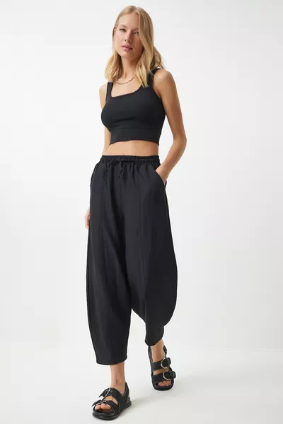 Pantalon Chinois en Lin et Viscose Noir pour Femme avec Poches 