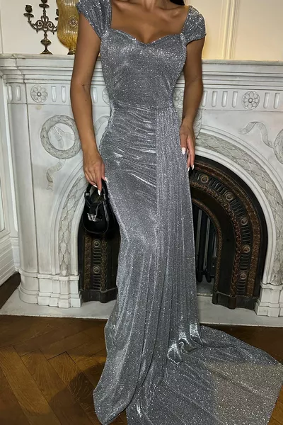 فستان سهرة طويل لامع رمادي لامع 