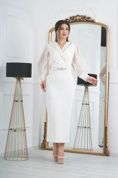 Şal Yaka Ve Manşet Taşlı İncili Elbise - Beyaz