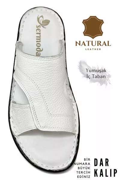 نعال رجالي من الجلد الطبيعي خفيف باللون الأبيض