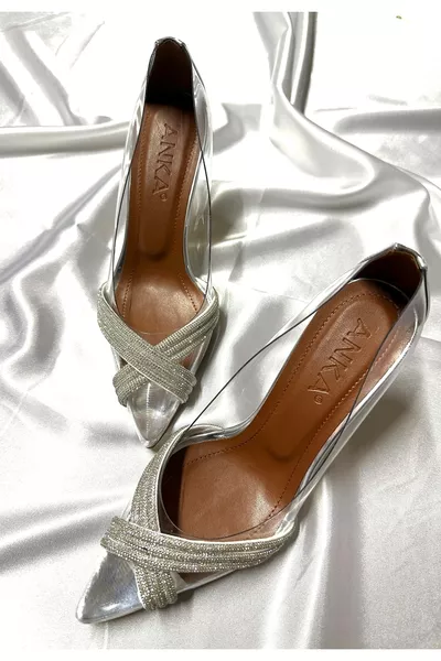 Damen Princess Silber Cognac Transparent Kreuzverziert 8 cm Transparent Absatz Spitz zulaufende Abendgarderobe Schuhe