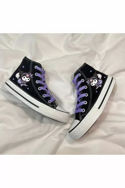 Sneaker sportiva nera lunga in lino con stampa Kuromi