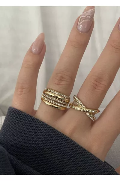 Gold Color Zircon Stone Cross and Plain Ring Pair