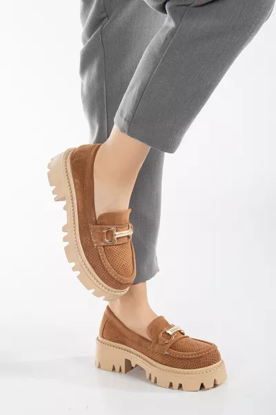 نسائي جلد نابا مريح بطانة أمامية بمشبك وحذاء لوفر بسويد سميك