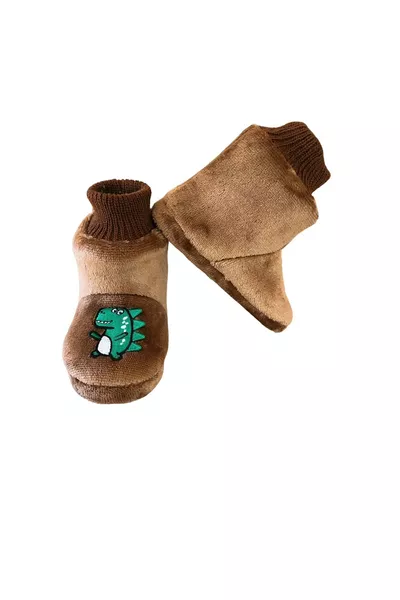 Dino Brown Turtleneck Boys' Slippers- Home Shoes- Non-Slip Sole