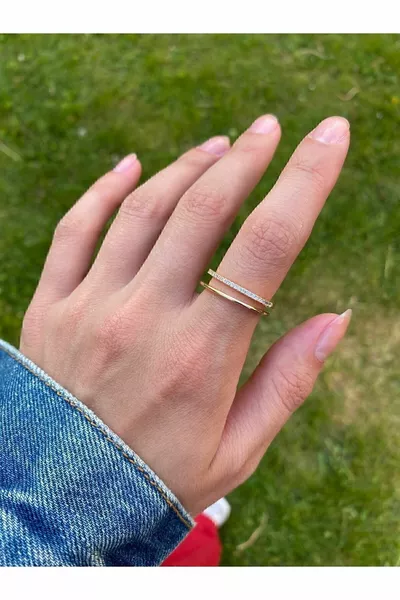 Two-Row Square Ring with Gold Stones