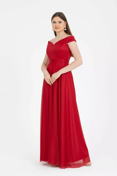 Women's Boat Collar Straptes Long Flared Glitter Evening Dress Invitation /  Red