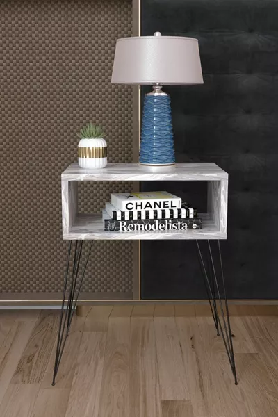 Елитна метална нощна шкафче с крака - бял мрамор