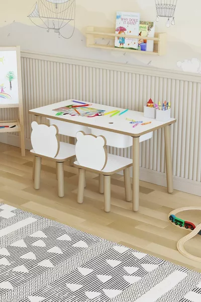 طاولة أطفال مونتيسوري - طاولة لعب - طاولة نشاط - طقم طاولة فعاليات مع كرسيين باندا