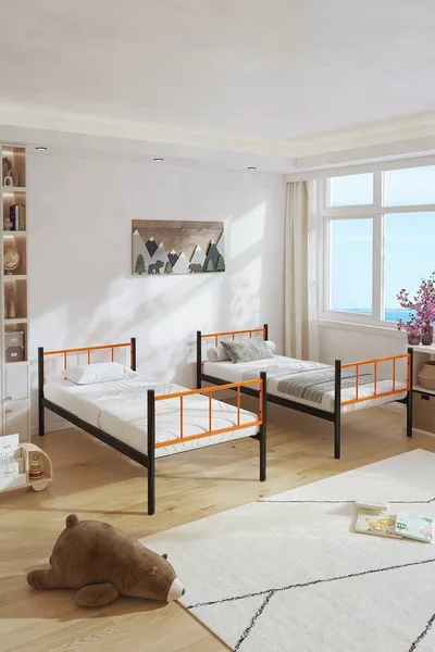 سرير طابقين معدني قابل للفصل باللون البرتقالي متوافق مع السرير تيكنو