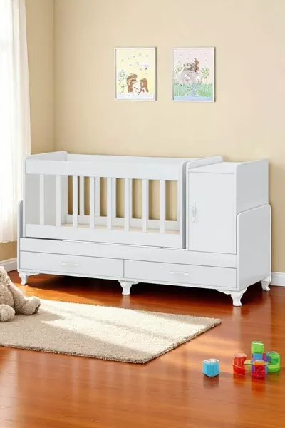 Бебешко кошче, люлеещо се до мама, с растящо легло, с одеяло в синьо, с чекмедже и капак X