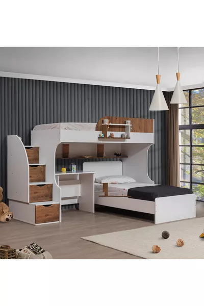 Bunk Bed, Aura Bunk Bed Bed Frame Desk 3-Door Wardrobe + 2 Comfort Mattresses