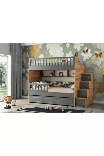 Zümrüt Ranza / Pino-antracite / Installazione Gratuita / 3 Zone Letto e Scala con Armadio / 100% MDF