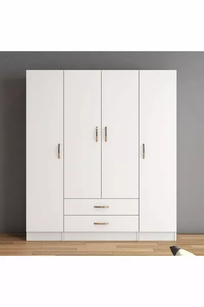 خزانة ملابس واسعة بأربعة أبواب ودرجين باللون الأبيض - 