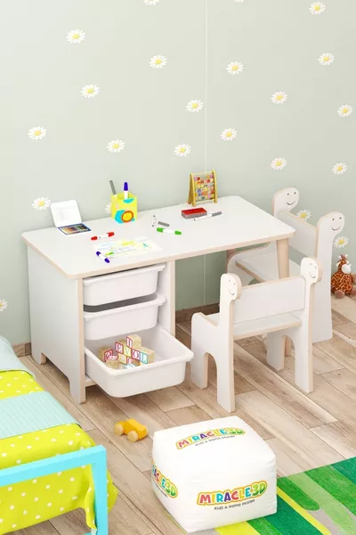 Set Tavolo e Sedie per Bambini - Scrivania da Lavoro per Bambini con 3 Cestini, Tavolo Attività, Lavabile, Sedie Dino Doppie