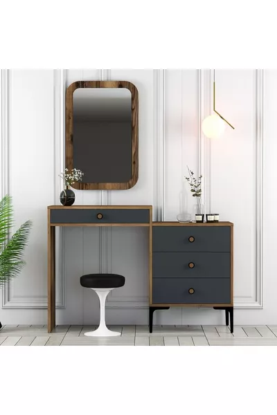 Commode à maquillage miroir variant Lisbonne - Noyer / Anthracite