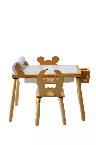 Wood & Joy Table d'activité sensorielle en bois pour enfants avec 2 chaises (avec rouleau de papier offert)