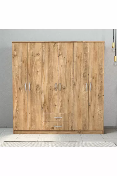 Nisa 6-Door 2-Drawer 7-Shelf Wide Wardrobe Pine - 