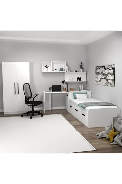 Akser Youth Room 4-Piece Set – White (Desk, Bed Frame, Wardrobe, Wall Shelf)