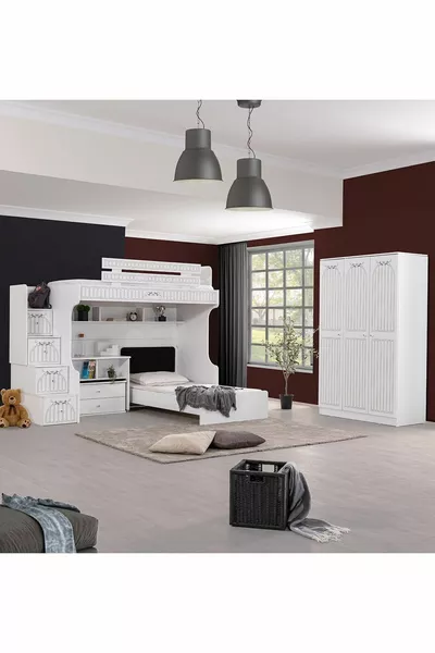 Bunk Bed, London Bunk Bed with Bed Frame, Desk with Seating, 3-Door Wardrobe