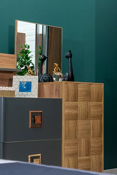 طقم غرفة نوم للشباب والأطفال ريترو باللون الجوز/الأزرق الداكن