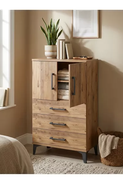Chevet Arges avec 2 étagères, 3 tiroirs et 2 portes, pin-pin