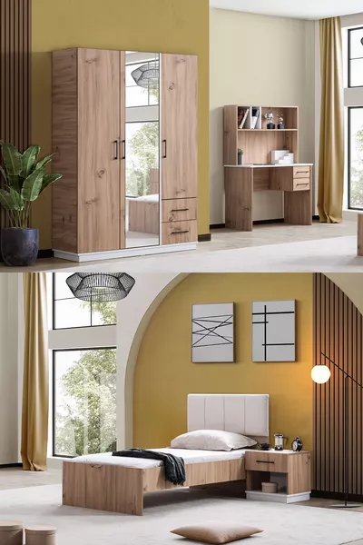 Детска стая Ефес с 3 врати: гардероб, легло, бюро, нощно шкафче, орех крем