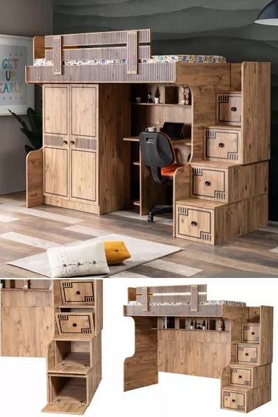 Кровать-чердак, натуральная кровать-чердак, шкаф, стол