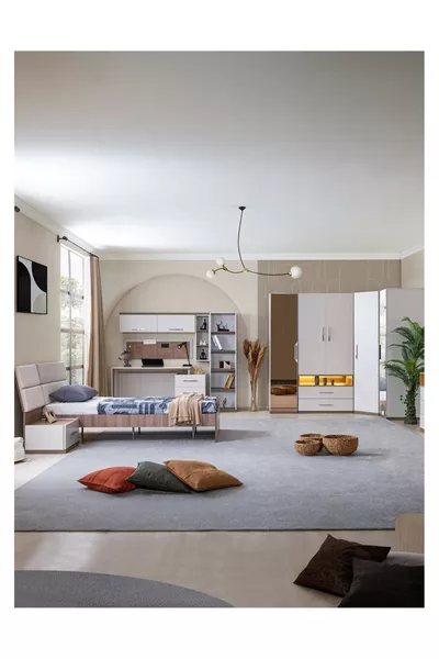 غرفة نوم شبابية - خزانة بأبواب خمس مع مرآة، سرير، منضدة جانبية، مكتب دراسة، مكتبة