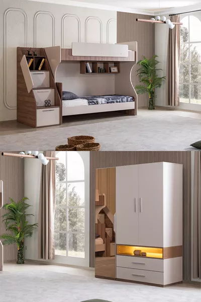 Lit superposé, chambre d'adolescent Milano Ensemble Lit superposé moderne pour deux personnes + Armoire moderne à trois portes