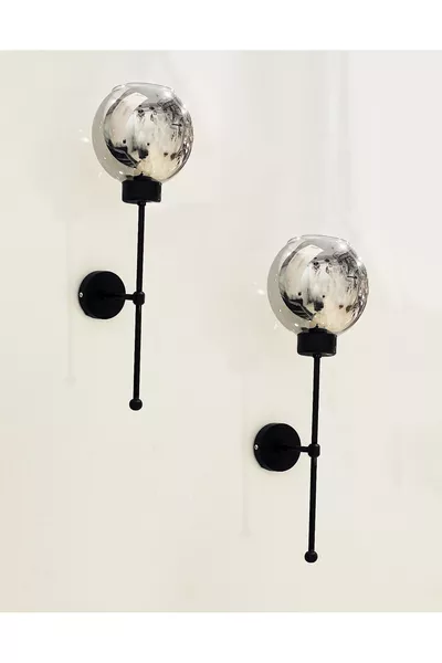 مصباح حائطي مع زجاج مدخن وإطار معدني أسود مودرن 2 قطعة يعمل بالبطارية - تصميم خاص، مصباح وبطاريات مشمولة