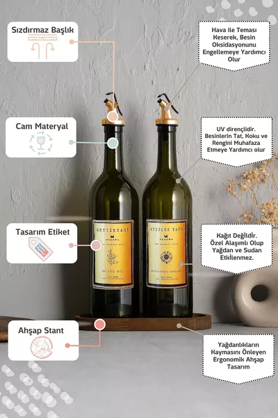 زيتون وزجاجة زيت سائل من خشب العنبر الذهبي بسعة  مل مع حامل خشبي 2 قطعة