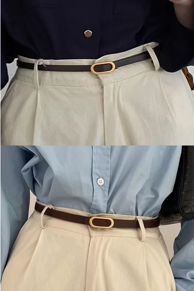 حزام نسائي رفيع ذهبي بمشبك بيضاوي للبنطلون، القميص، السترة، الفستان، الكنزة