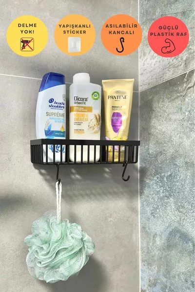 Single Bathroom Organizer Adhesive Plastic Shower Cabin Shelf Shampoo Soap Holder Organizer Plastic Shelf