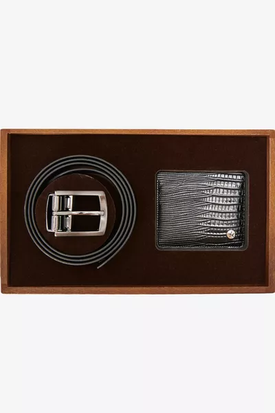 Men's Black Special Wooden Gift Box Belt - Card Holder Accessory Set Groom's Dowry