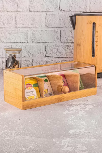 Bamboe theedoos met 4 vakken en deksel, opbergdoos voor kruidenthee