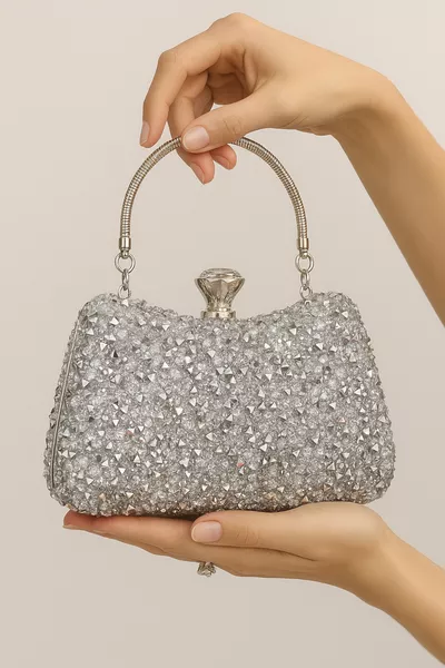 Women's Silver Evening Bag with Large Crystal Stones, Hand Strap, and Long Chain Strap