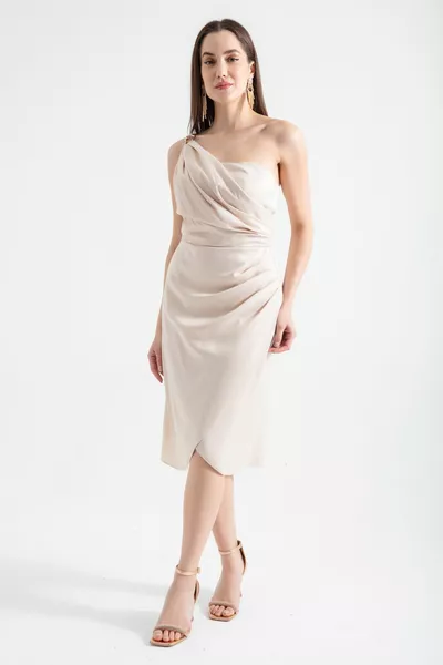 المرأة البيج واحد الكتف ميدي الساتان مساء اللباس