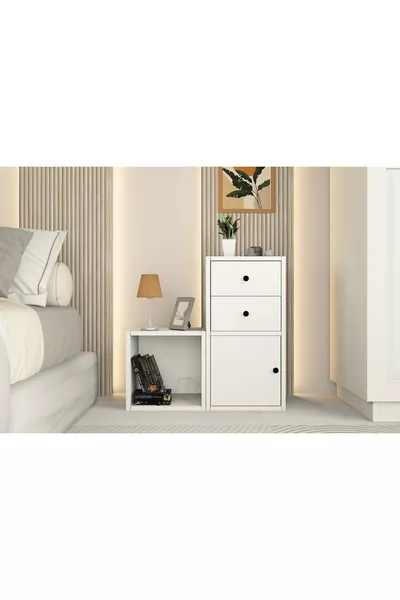 Table de chevet moderne blanche Archel 2 tiroirs avec une porte et étagère ouverte