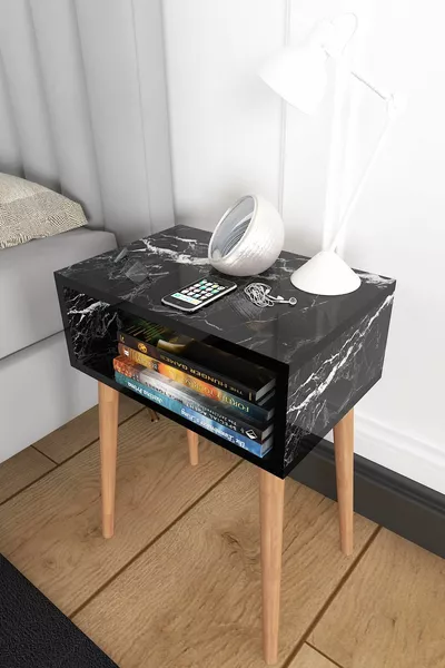Ceren Bedside Cabinet with Wooden Legs and No Drawers – Black Marble